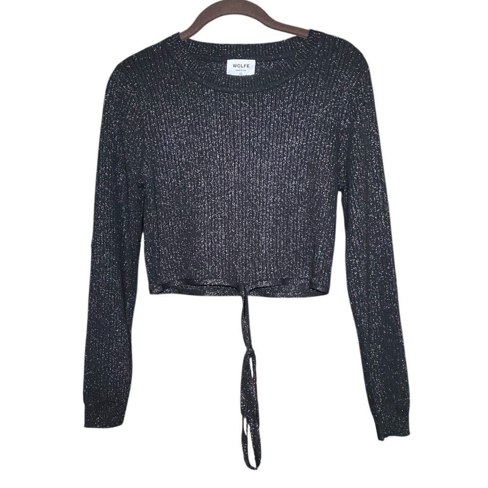 Wolfe The Label Sparkle Glitter Cropped Long Sleeve Sweater Wrap Around